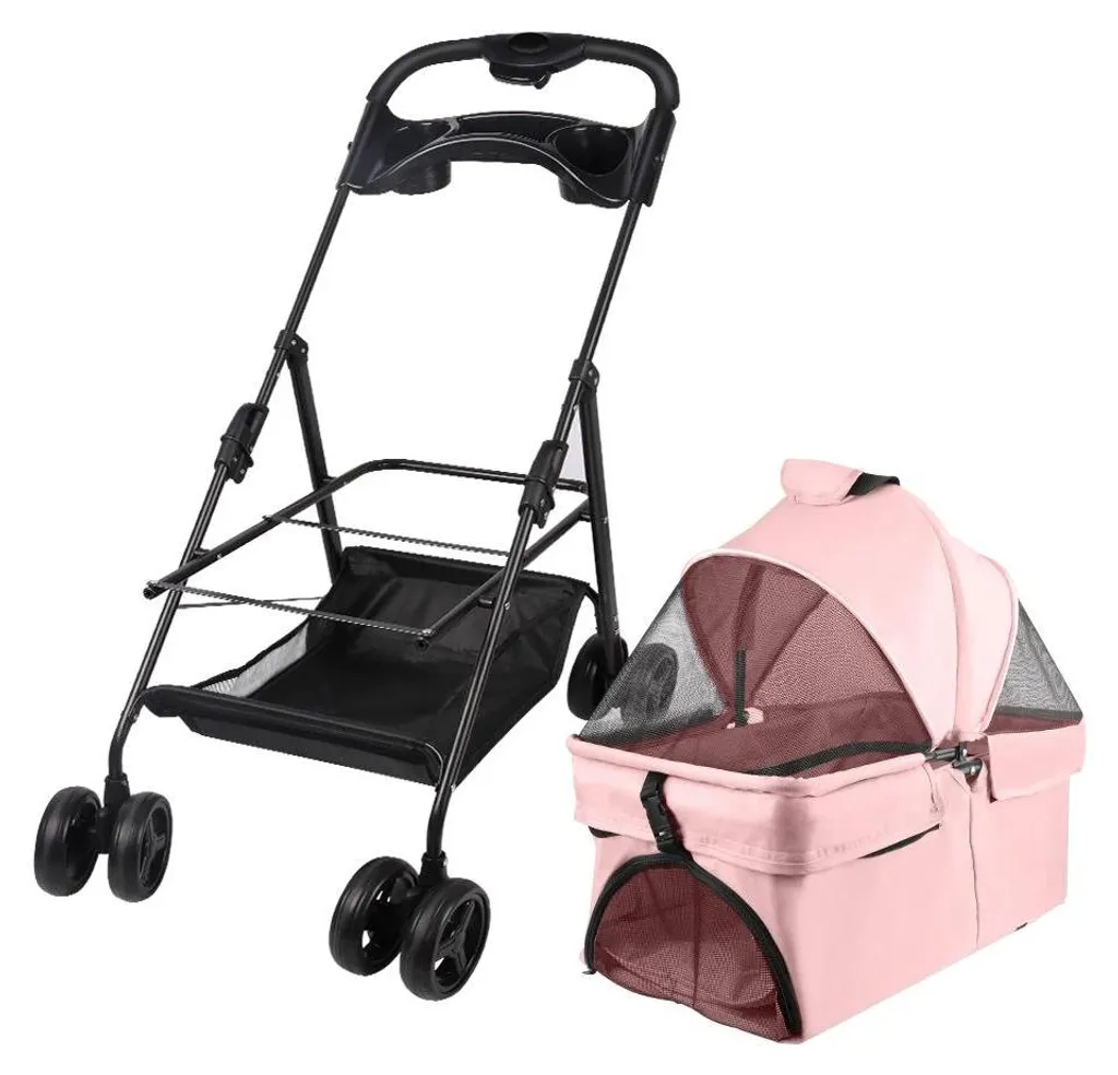 Poussette pour animaux âgés ou convalescents rose pliable et freinée