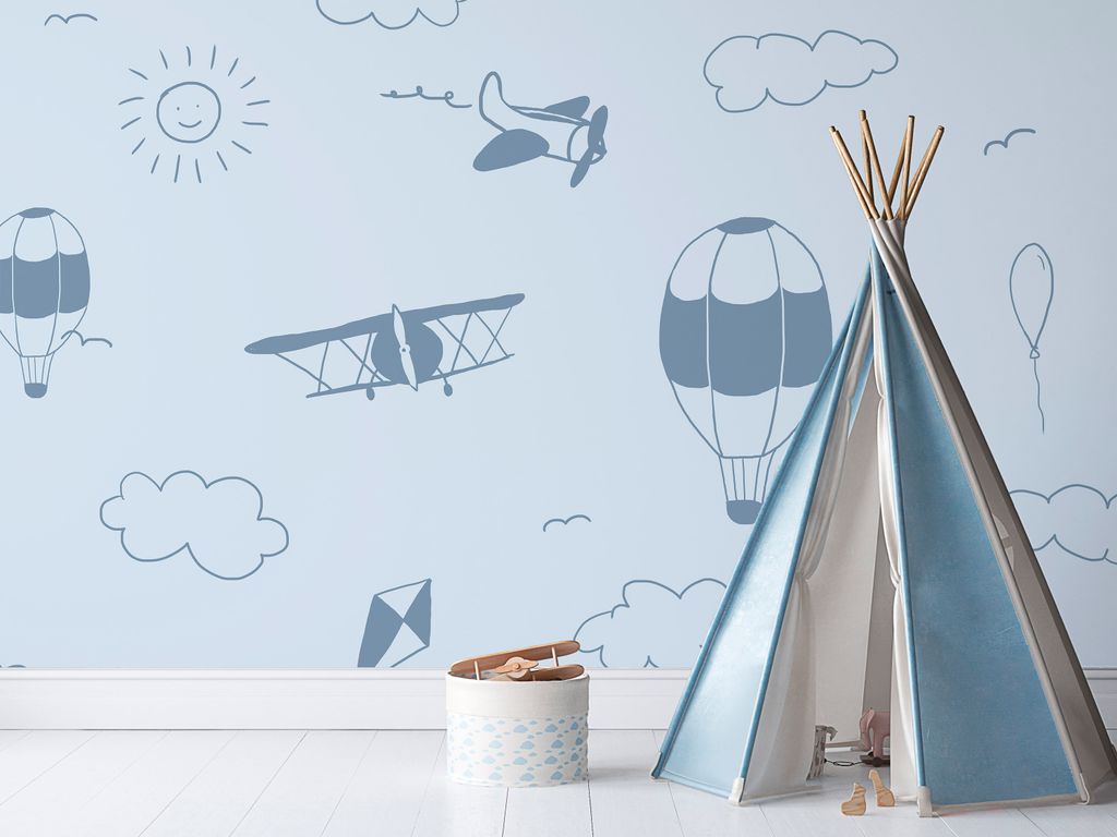 Vlies Fototapete für Kinder 400x280 cm Tapeten Wandtapete XXL Ballon Flugzeug Kinderzimmer blau wie gemalt e-A-10072-a-a