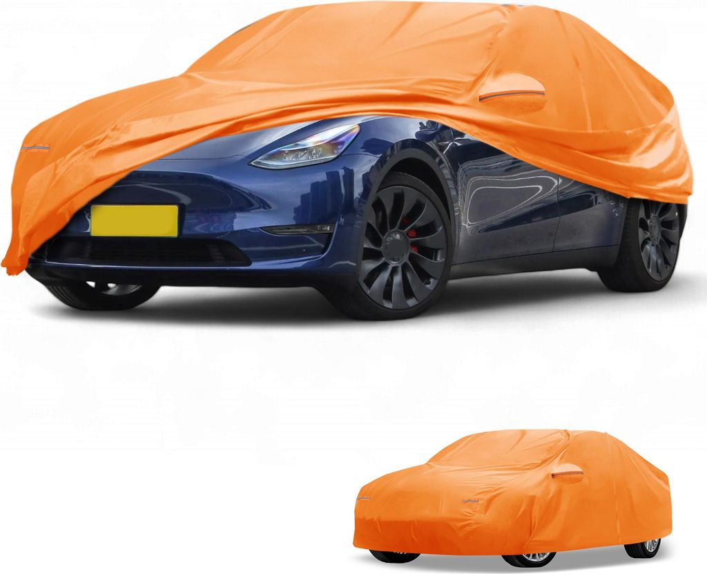Autoabdeckung Wasserdicht Alle Wetter Automobil Au?en Vollst?ndige Au?enabdeckung fš¹r Model Y Aluminiumfolie Baumwolle Orange mit Reflektierend...