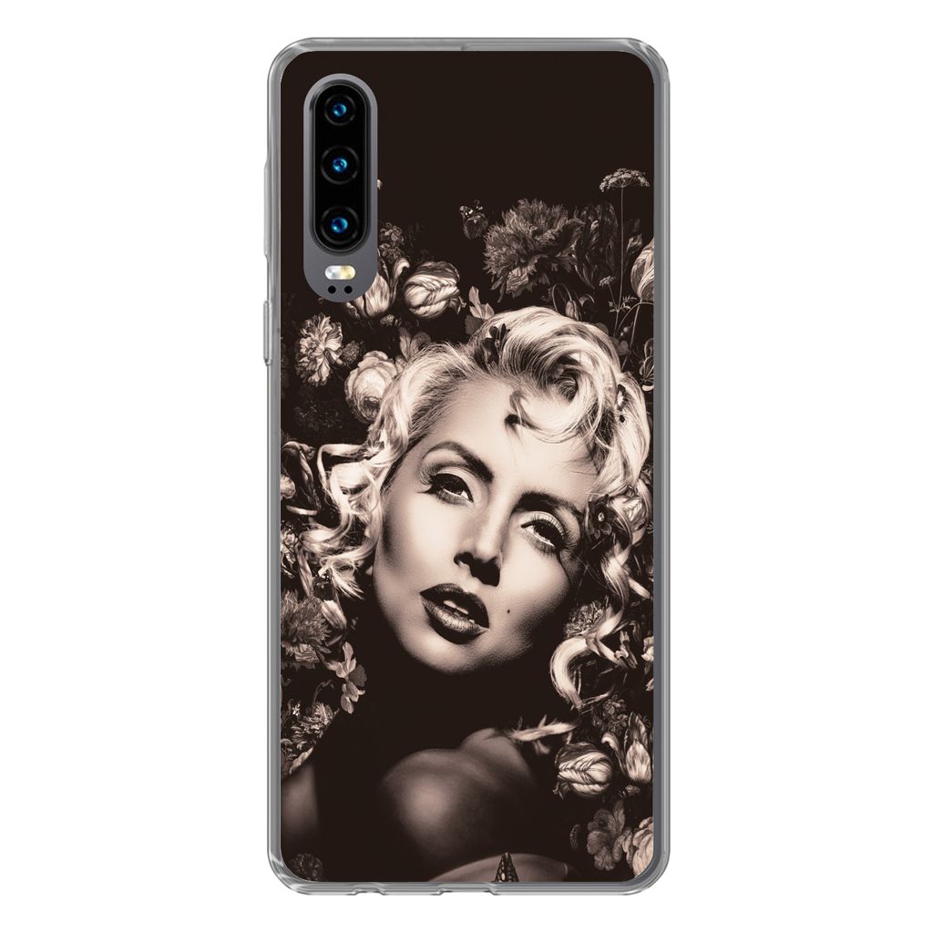 MuchoWow Handyhülle Schutzhülle Hülle für Huawei P30 Frau - Blumen - Schmetterling Silikon Softcase Handy Hülle - Kartenbesitzer