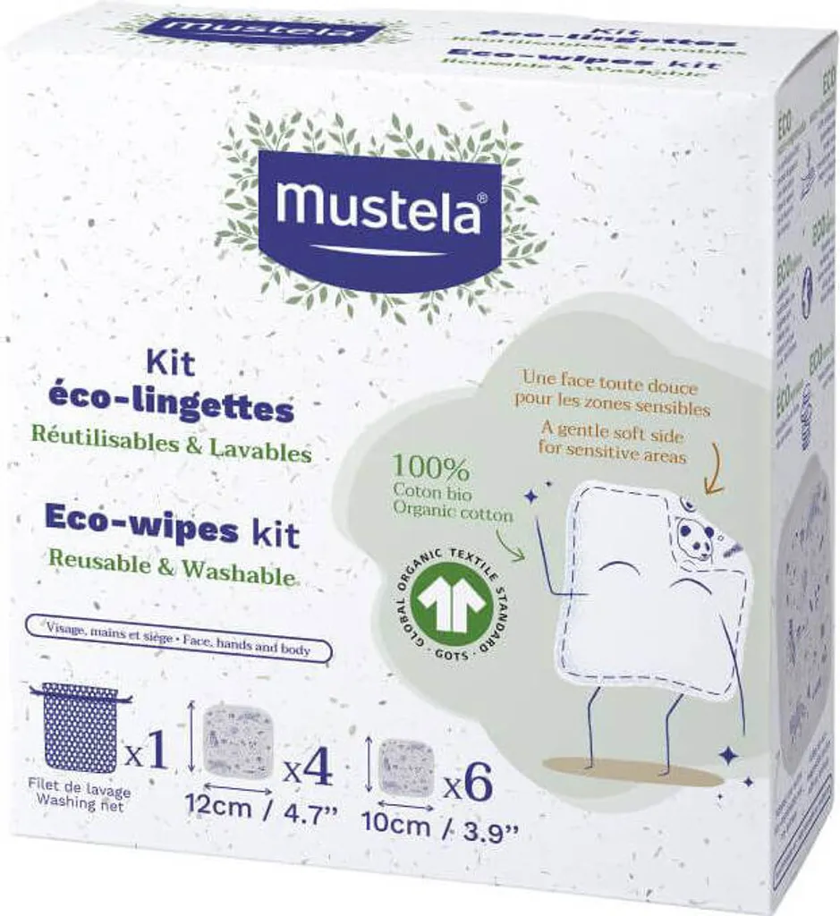 Mustela Eco Kit lingettes réutilisables bifaces coton bio haute absorption