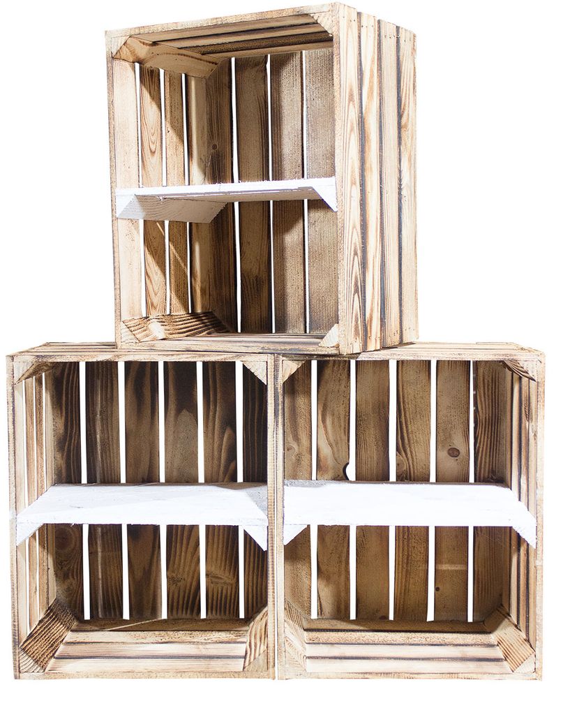 3er Set Geflammte Holzkiste mit Mittelbrett in weiß -quer- 50x40x30cm;Obstkiste,Regal,Holzregal