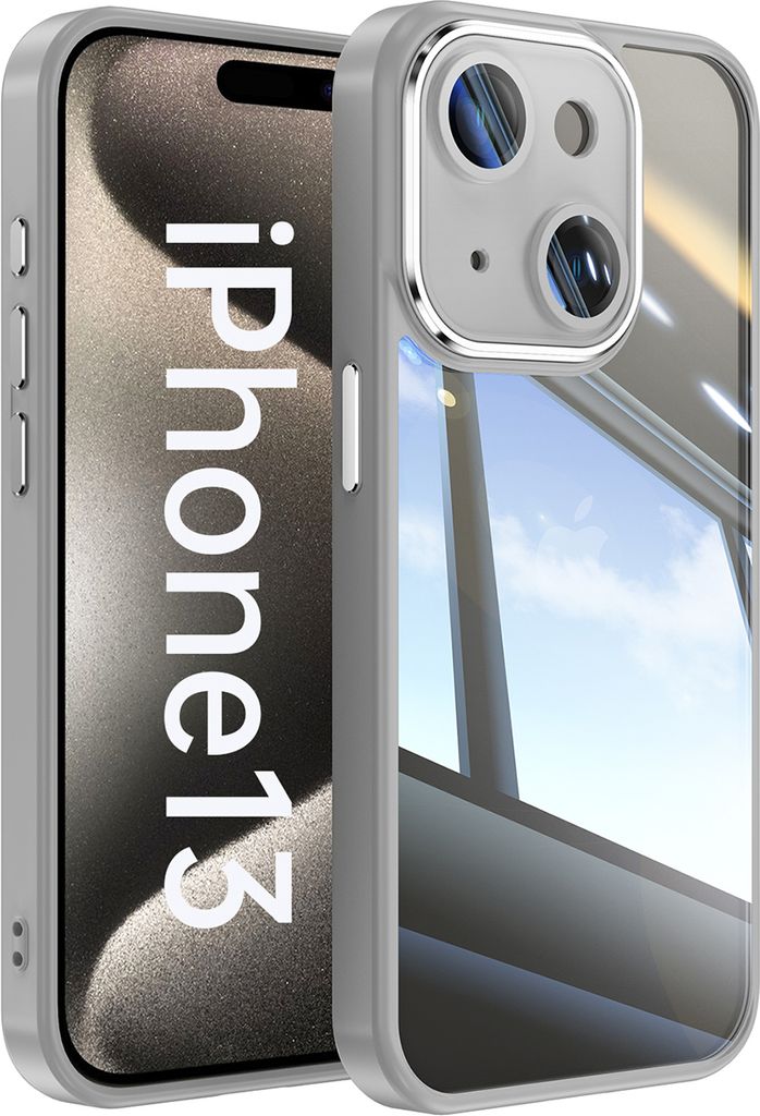 Handyhülle für iPhone 13 Hybrid Transparent TPU PC Militärschutz mit Kameraabdeckung Grau