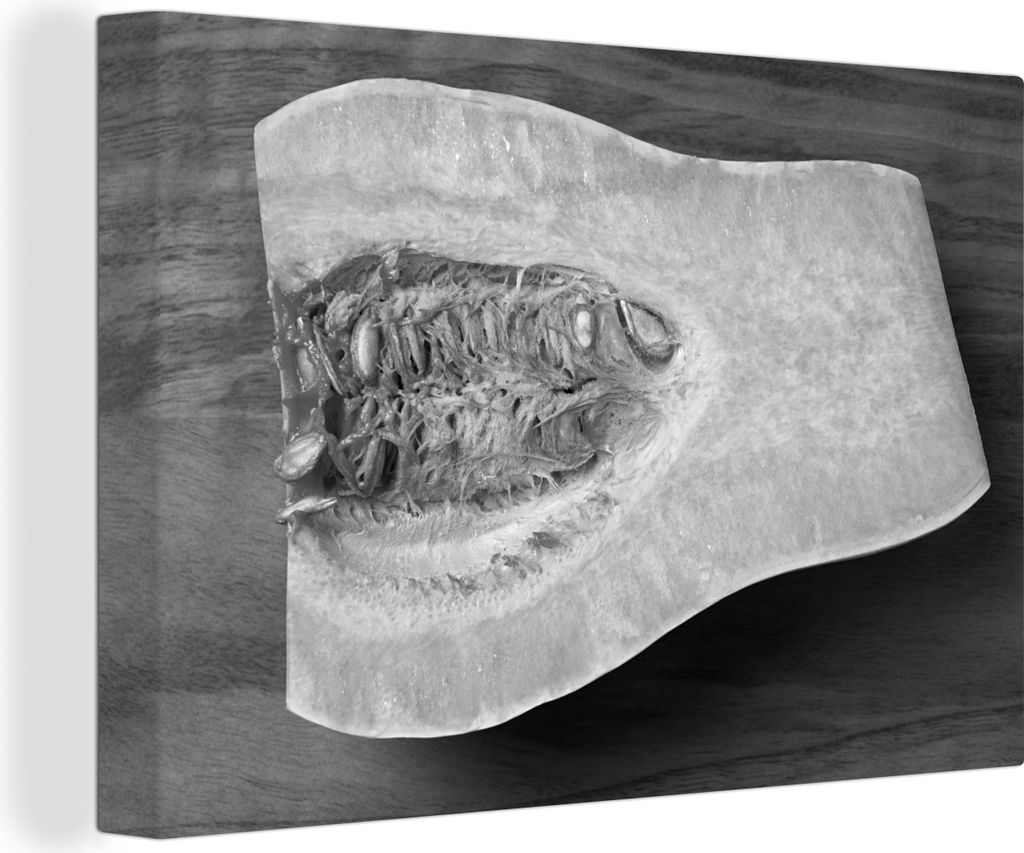 OneMillionCanvasses - Leinwandbilder - 140x90 cm, In Scheiben geschnittener Butternusskürbis mit Kernen - schwarz und weiß, Wandbilder Kunstdru...