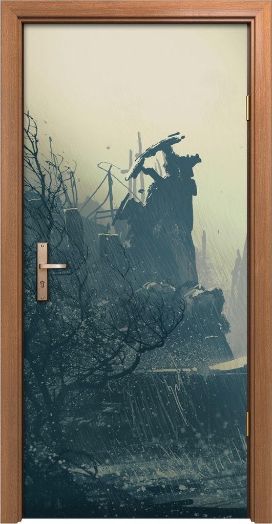 Türposter 90x200 cm Türaufkleber Türtapete Türfolie Klebefolie verlassene Stadt im regen Landschafts