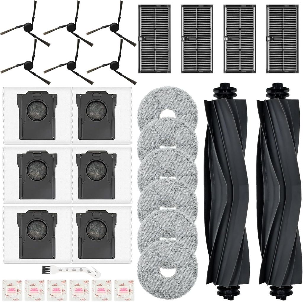 31 Stück Zubehörset für Mova E40 Ultra Saugroboter, 2 Hauptbürsten, 4 Filter, 6 Wischpads, 6 Seitenbürsten, 6 Staubbeutel, 6 Flach-Duftsteine,...