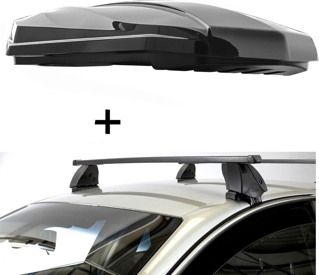 DACHBOX STRIKE 440 Liter schwarz hochglanz + Dachträger K1 MEDIUM kompatibel mit für Subaru Pleo (5Türer) ab 07