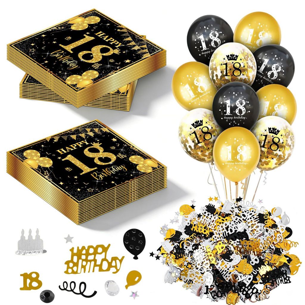 18. Geburtstag Dekoration Set, 36-teilig, Schwarz/Gold