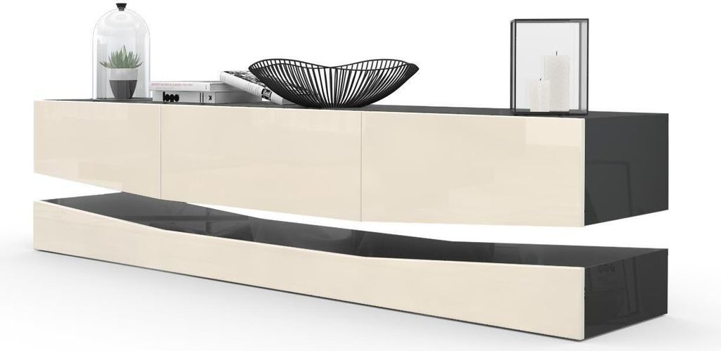 Vladon Lowboard City, Germany, TV-Kommode mit Sockelelement, 1 offenem Fach und 3 Schubkästen, Schwarz Hochglanz/Creme Hochglanz (178 x variabel x...