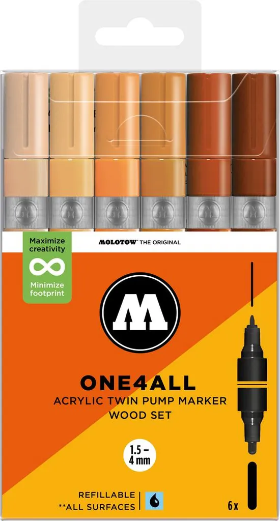 Marcatori acrilici MOLOTOW One4All Twin, set di 6 pezzi in legno