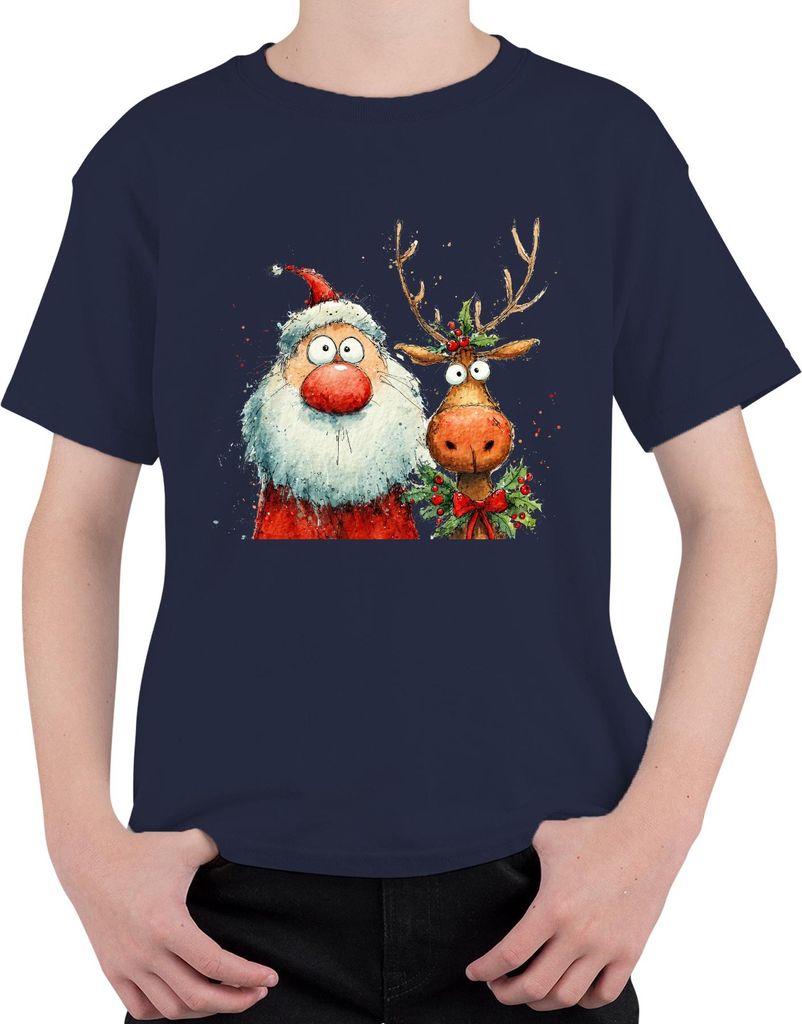 Lustiger Weihnachtsmann und Rentier Aquarell Weihnachten Geschenk Uni Kinder T-Shirt, Navy, 128