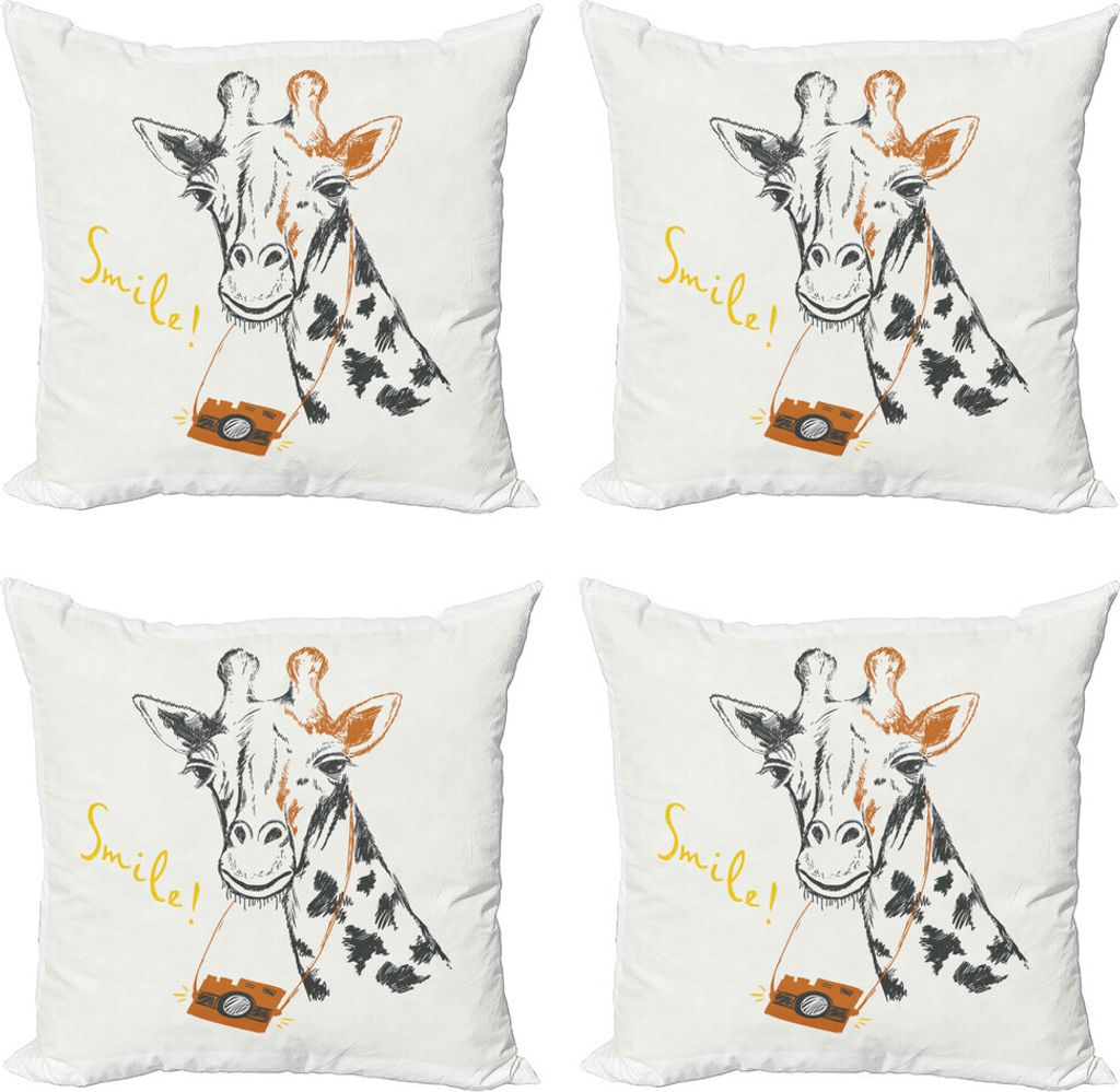 ABAKUHAUS Kamera Kissenbezug Set (4 Stück), Lächeln Wörter mit Giraffe, Moderner Doppelseitiger Digitaldruck, 45 cm x 45 cm, Grau Gelb Weiß
