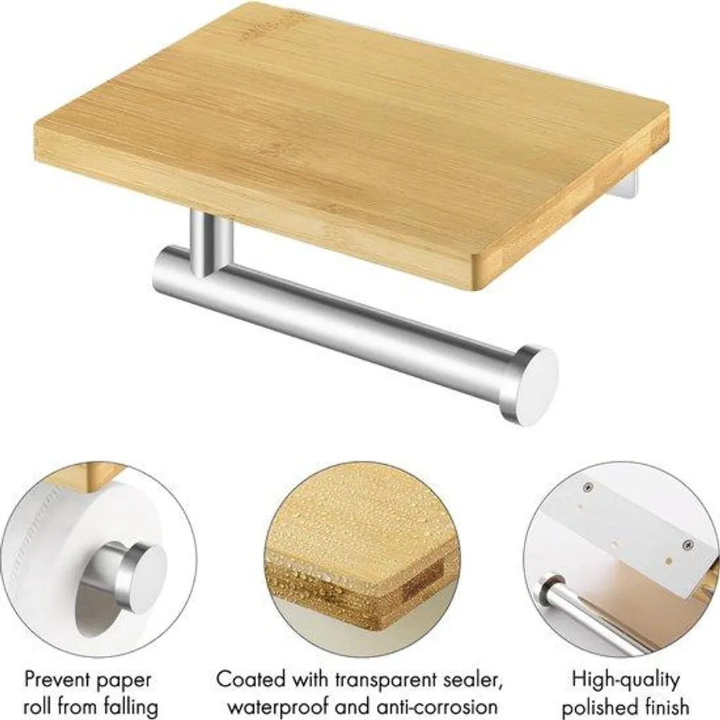 Brosse de toilette murale design en bambou et inox poli, modèle BPH220BA