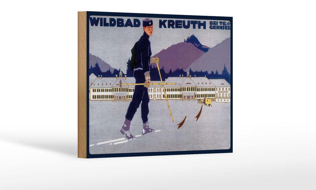 Holzschild Reise 12x18 cm Wildbad Kreuth Mann auf Ski Schnee Deko Schild