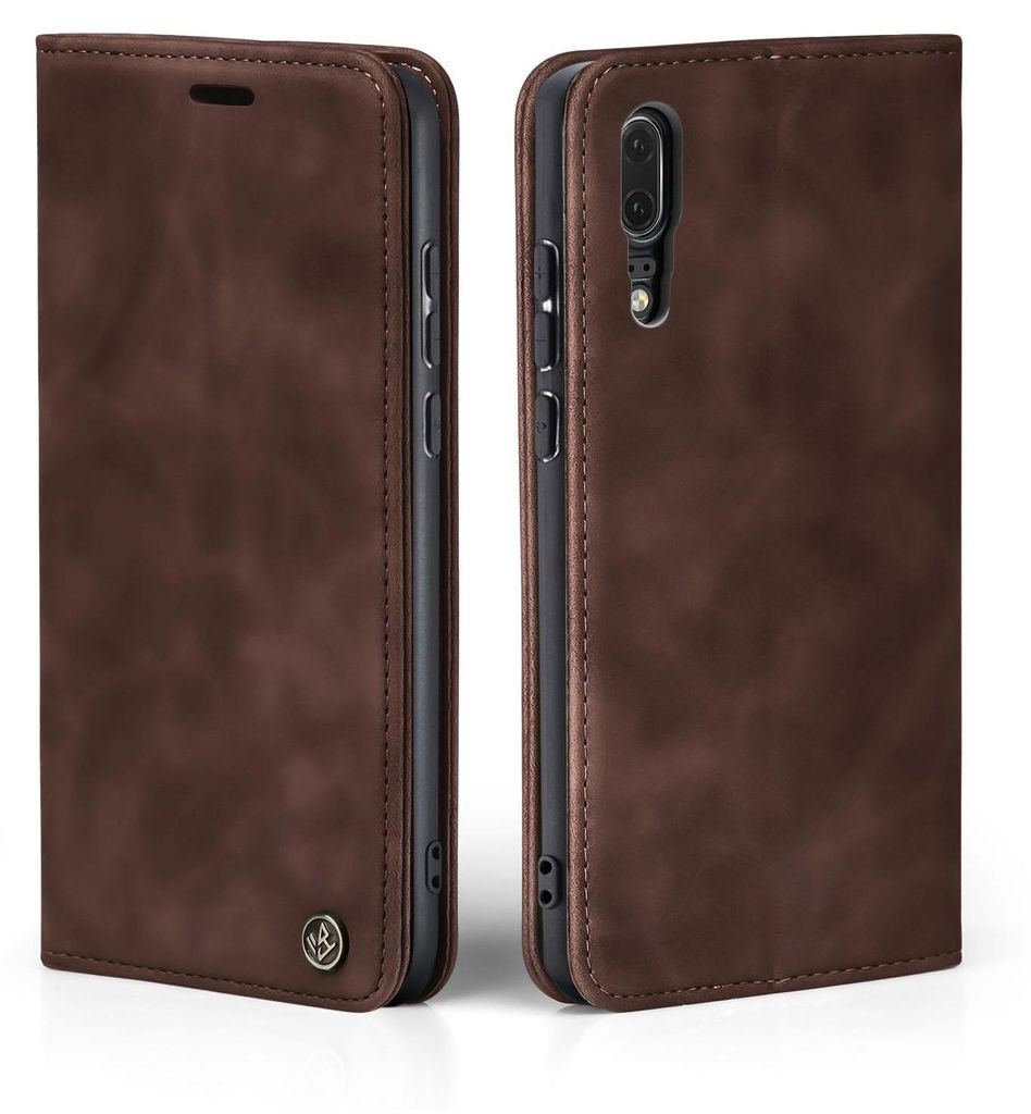 Two views of a brown leather flip phone case for a Huawei P20.
