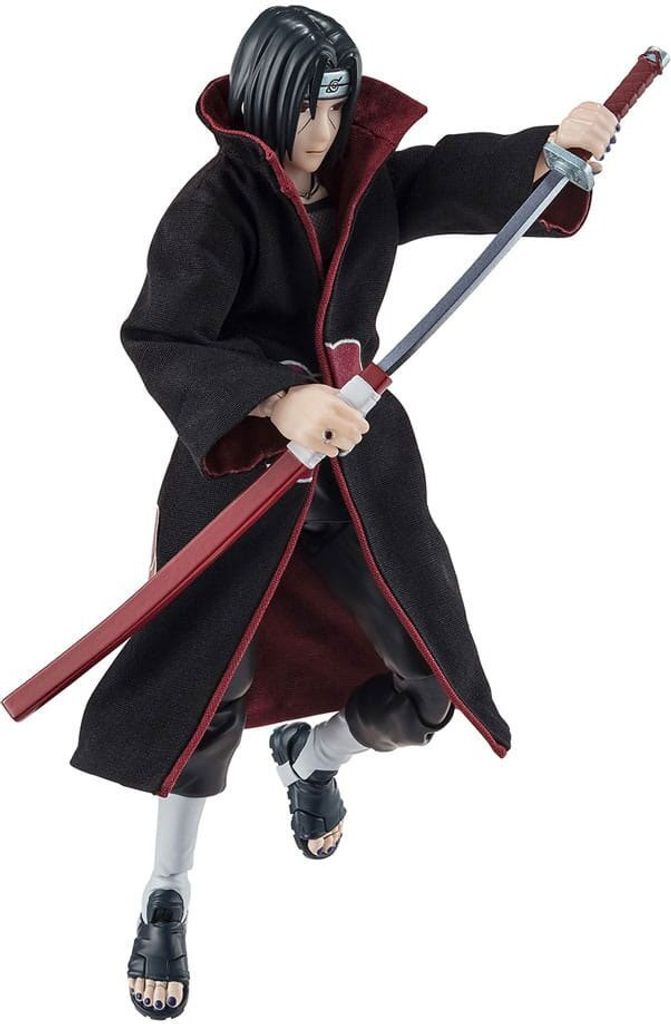 A full-body shot of an action figure of Itachi Uchiha from Naruto, holding a sword.