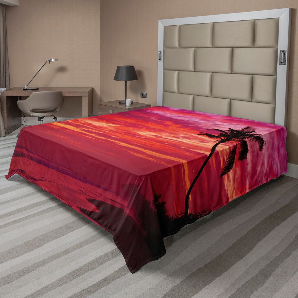 ABAKUHAUS Ozean Bettlaken, Sonnenuntergang Ansicht Von Tropischen Insel Strand Schattenbild Palme Auf Ufer Kunstdruck, weiches bequemes oberes Bett...