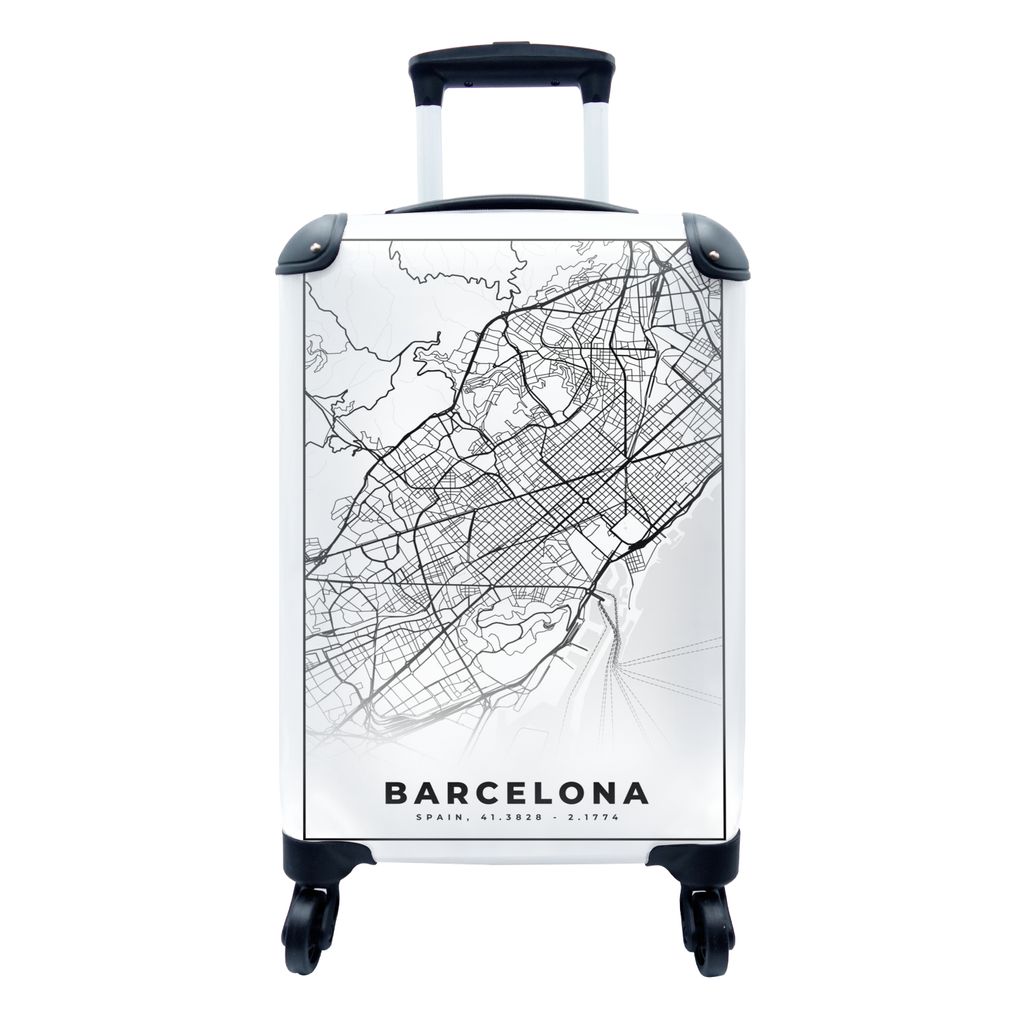 MuchoWow Koffer Handgepäck Trolley Rollkoffer Kleine Reisekoffer mit 4 Rollen - Barcelona - Stadtplan - Karte - Schwarz und weiß - Cabin Size <...