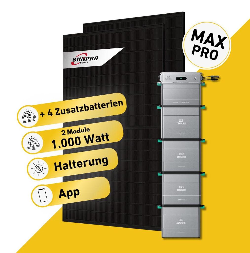 1000 Watt, Bifazial Komplettset, Balkonkraftwerk, Zendure Solarflow 800 Pro 2, 4 x AB2000L Zusatzbatterie, Halterung Ziegeldach vertikal und MC-4 V...