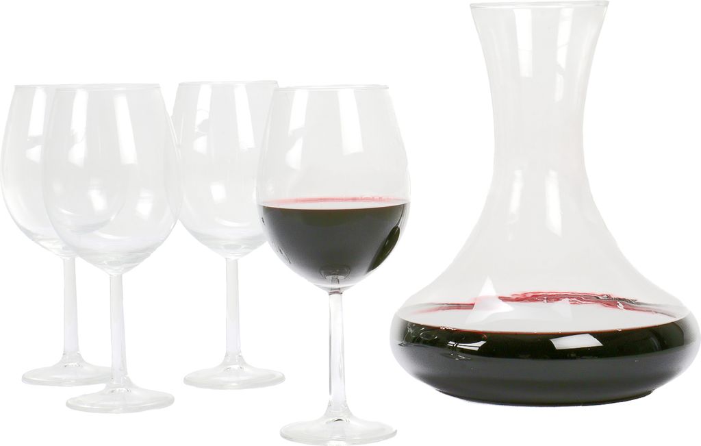4 Rotweingläser + Weinkaraffe zum Dekantieren, Weindekanter, Karaffe, Weinbelüfter, Dekanter, Volumen ca. 750 ml, Glas je ca. 570 ml