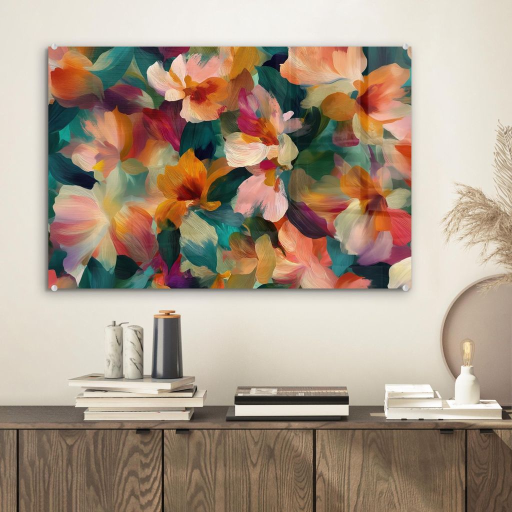 MuchoWow Glasbilder - Bilder auf Wandbild - Foto auf Glas Harmonisch - Abstrakte Blumen - Warme Töne 60x40 cm Wanddekoration aus Glas - Acrylglasb...