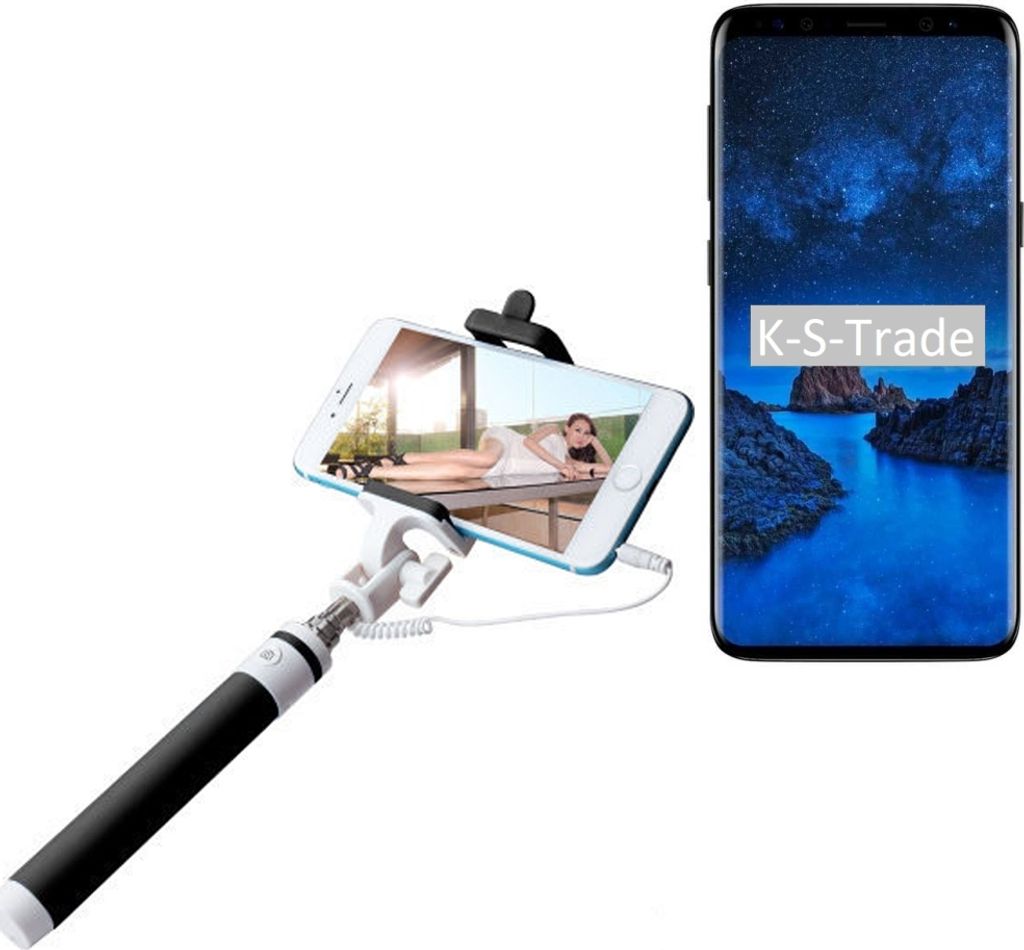 K-S-Trade Selfie Stick kompatibel mit Samsung Galaxy S9 Selfiestick kabelgebunden Monopod mit Kabel Stab Stange Selfportrait Handheldstick schwarz 1x