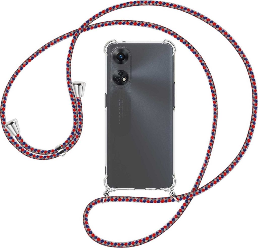 Handykette Backcover-Schutzhülle mit Band (Metall silberfarben) für Oppo Reno8 T 4G (CPH2481, 6.43'') - silber/blau/rot