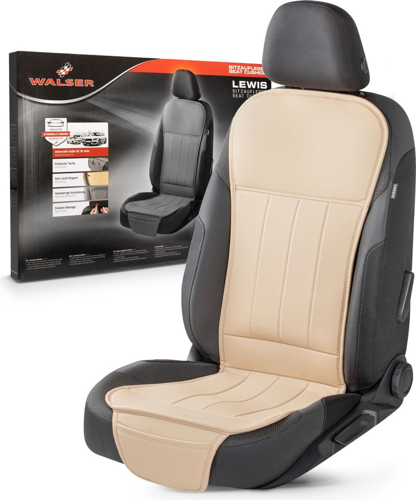 A car seat cover is shown on a car seat, with its packaging in the background.