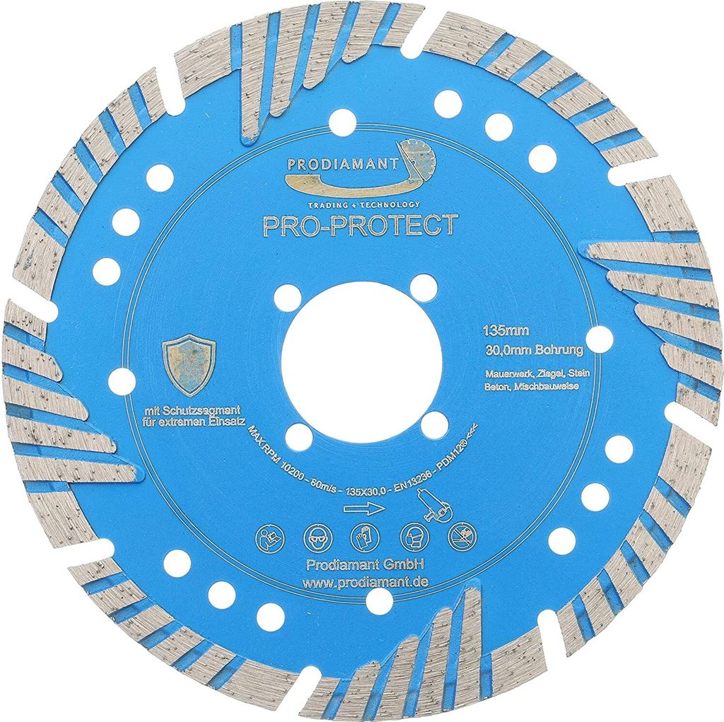PRODIAMANT Diamant-Trennscheibe PRO PROTECT 135 x 30 mm mit Schutzsegmenten für Mauerwerk, Stein, Beton B25, Granit, Dachpfannen, Ziegel