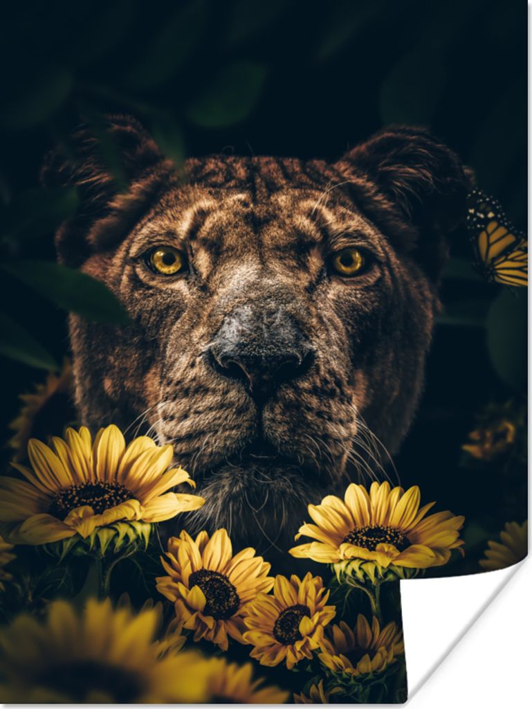 MuchoWow Poster Löwe - Blumen - Tiere - Botanisch 120x160 cm - Wandbilder