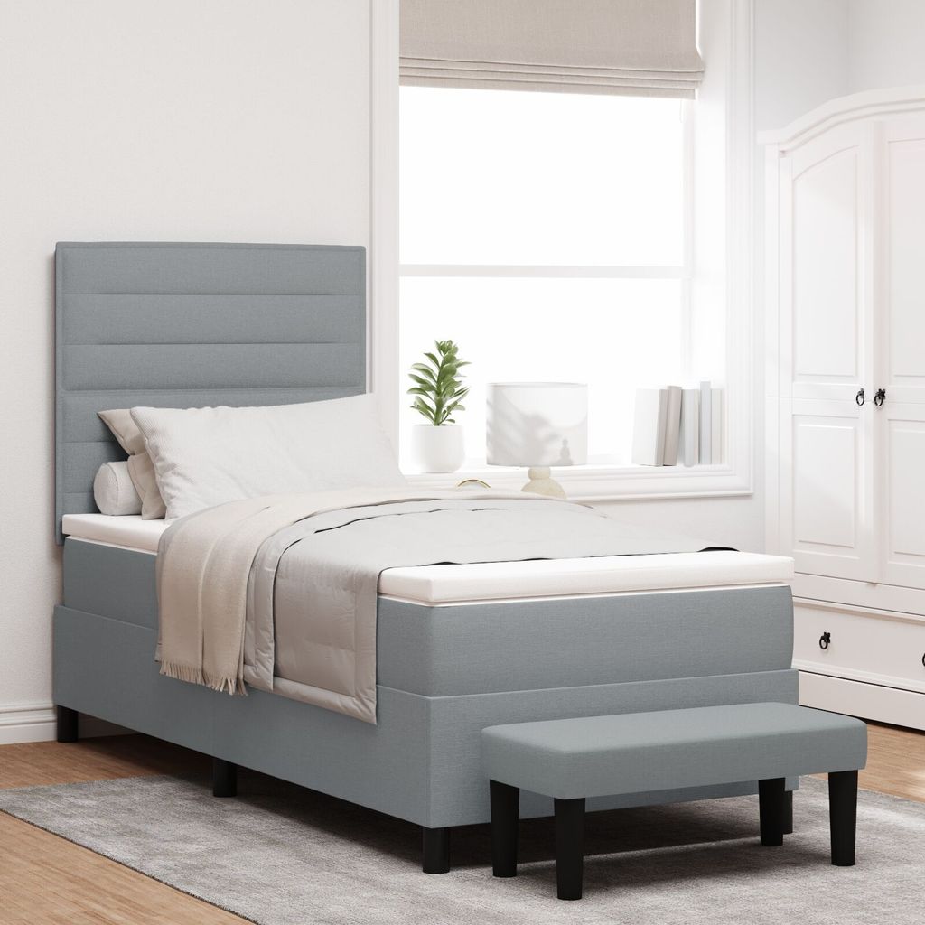 Möbel Boxspringbett mit Matratze & Bank Hellgrau 90x200 cm Stoff - Klassische Betten 3343960