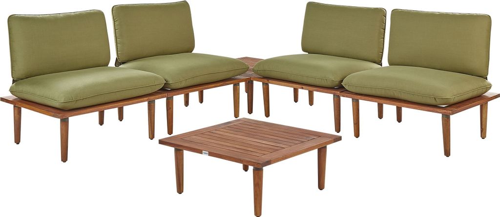 BELIANI Lounge Set Hellbraun Akazienholz 5-Teilig 4 Sessel mit Couchtisch Auflagen Olivgrün Modern Outdoor Terrasse Balkon Gartenset Gartenmöbel Set