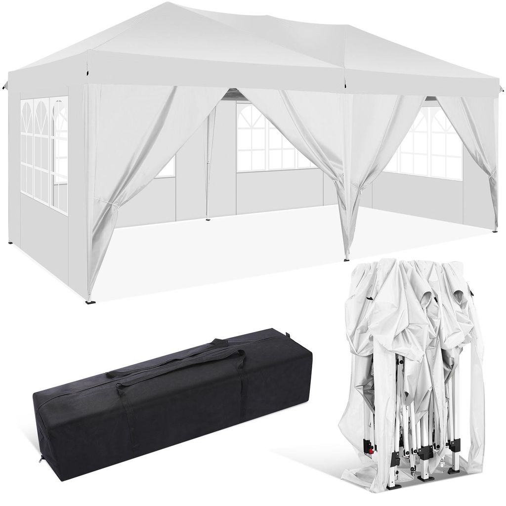 A white pop-up tent with side panels and windows, shown with its folded frame and a carrying bag.