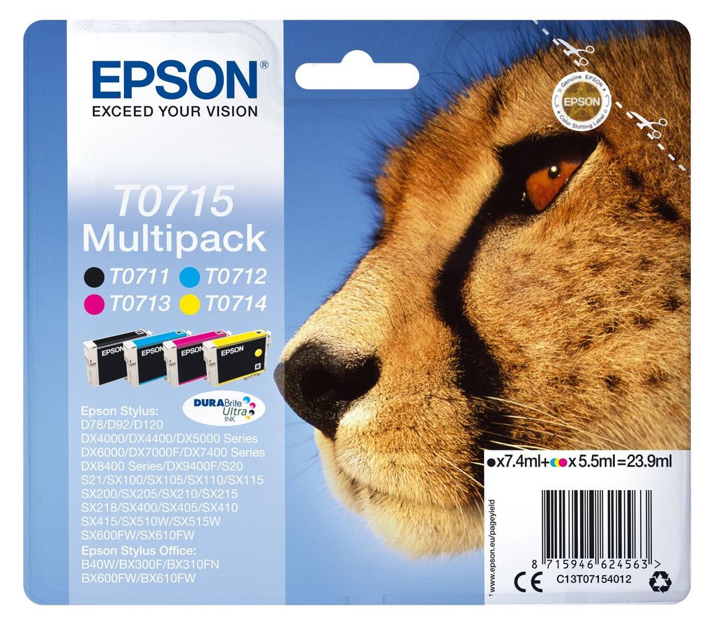Epson T0715, Čierna, Azúrová, Purpurová, Žltá, 7,4 ml, 5,5 Obrázok produktu 