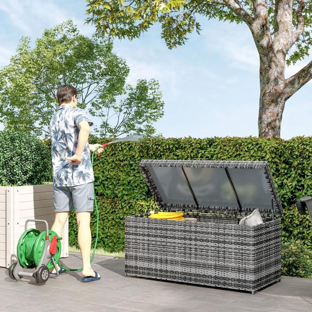 okwish Rattan-Gartenschränke wetterfest Auflagenbox mit Stauraum und Deckel,UV-beständig Gartenbox mit Griff und Stahlrahmen,Dunkelgrau