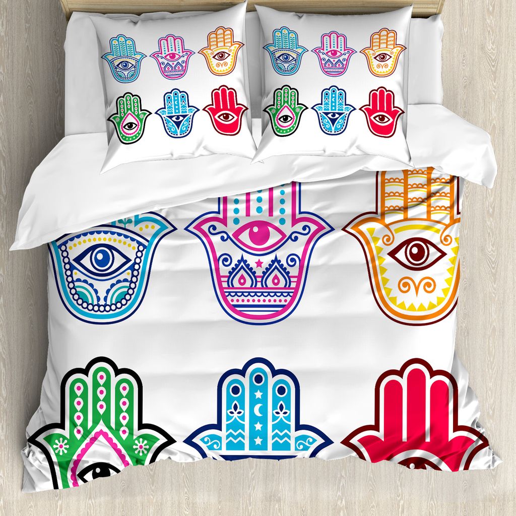 ABAKUHAUS Hamsa Bettbezug, Bunte Hand Third Eye, Milbensicher Allergiker geeignet mit Kissenbezügen, 200 cm x 200 cm - 80 x 80 cm, Mehrfarbig