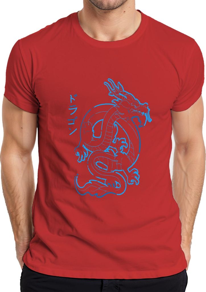 Japanischer Drache Neon Blau Katakana ドラゴン Cyberpunk Yakuza Retro Herren T-Shirt, Rot, L