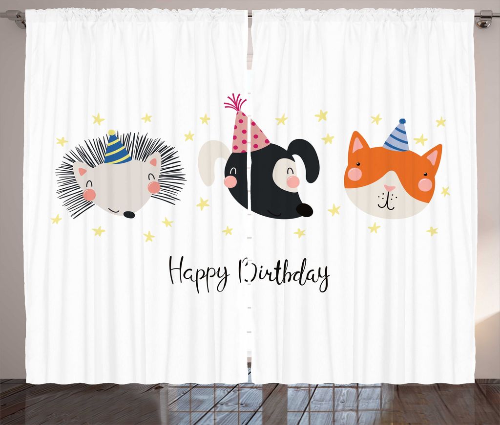 ABAKUHAUS Alles Gute zum Geburtstag Rustikaler Vorhang, Hedgehog Cat Cursive, Wohnzimmer Universalband Gardinen mit Schlaufen und Haken, 280 x 175 ...