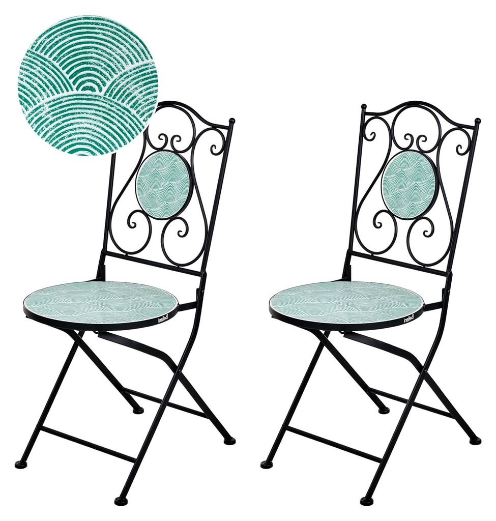 2er Set Gartenstühle aus schwarzem Metall, klappbar im Vintage-Stil mit Wellenmuster
