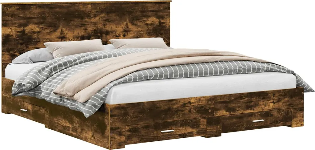 Lit 200x200 cm chêne fumé bois stable fini les grincements et l'usure