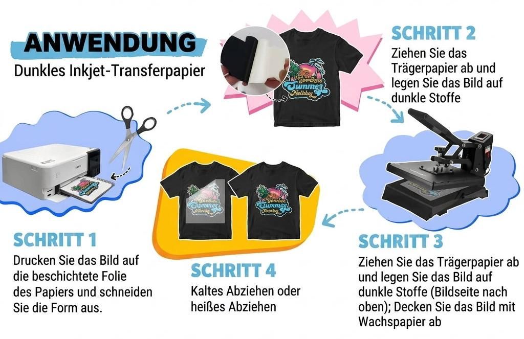 Infografik mit vier Schritten zur Verwendung von dunklem Inkjet-Transferpapier, um ein Design auf ein schwarzes T-Shirt zu drucken