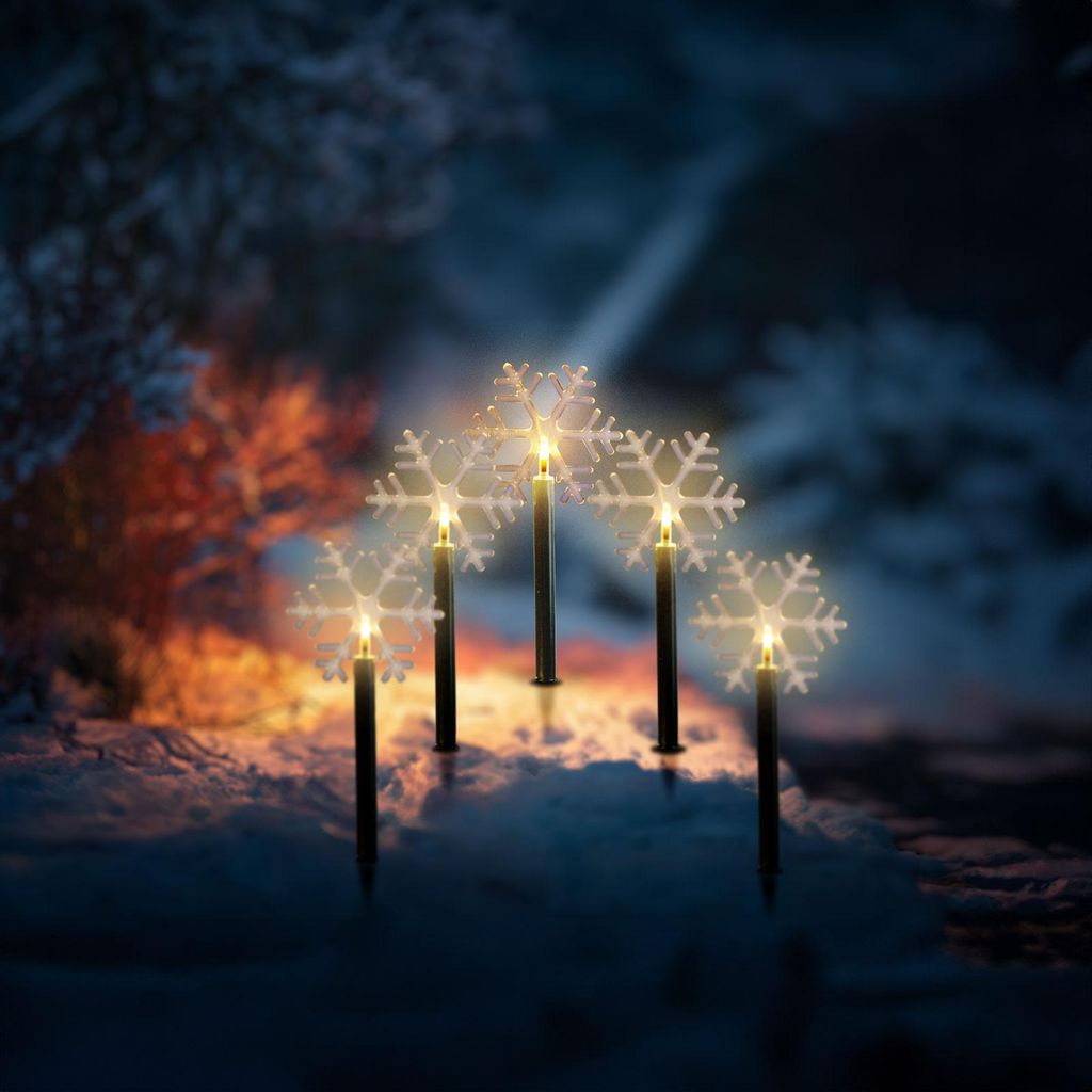 5x Weihnachts-Stablampe mit Eiskristallen - LED-Gartenleuchte mit 5 LEDs - warmweißes Licht - blinkend und kontinuierlich - batteriebetrieben mit ...