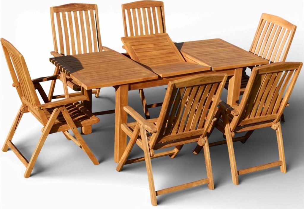 ALEOS. Teak Gartenmöbel Set – Ausziehbarer Bigfuss Gartentisch 130–180 x 80 cm & 6 Tobago Hochlehner Stühle – Massives Teakholz, verstellba...