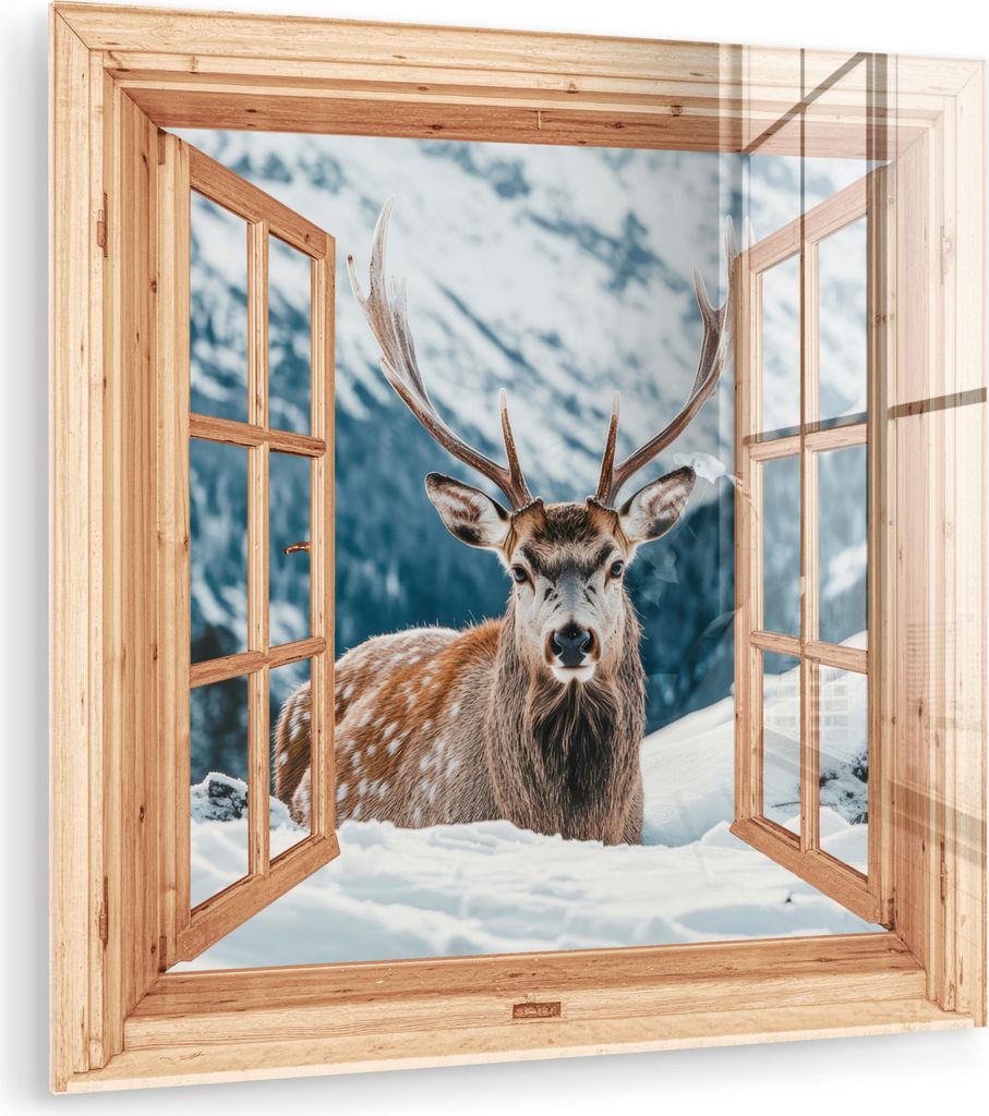MuchoWow Glasbilder - Bilder auf Wandbild - Foto auf Glas Durchblick - Hirsche - Landschaft - Winter - Natur - Tiere - Berge 90x90 cm Wanddekoratio...