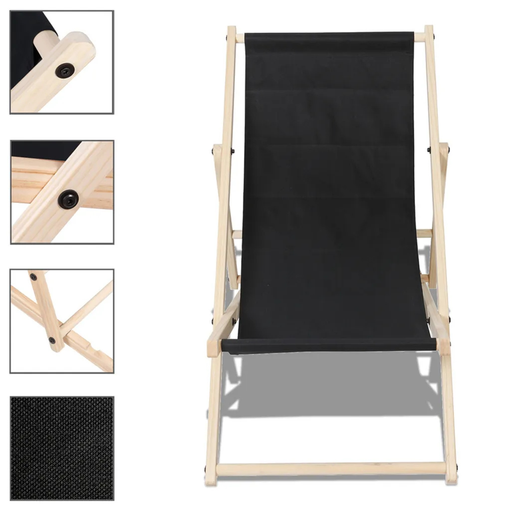 SWANEW Sedia a sdraio pieghevole in legno Sedia a sdraio da giardino Sedia da giardino pieghevole in legno nero