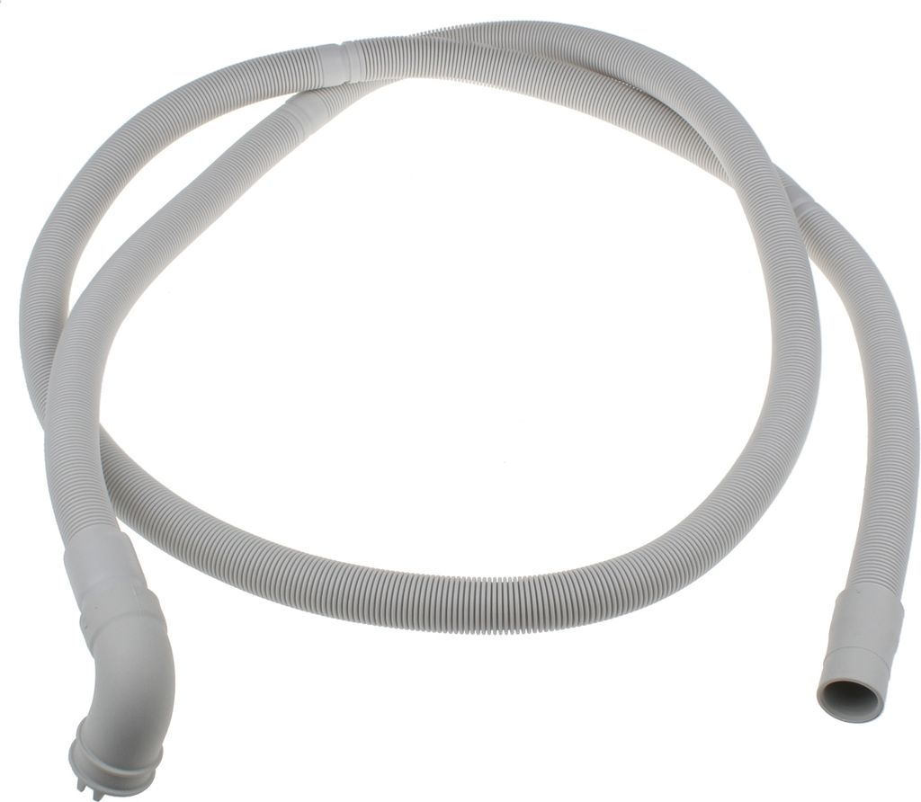 A white, flexible hose with ribbed texture, likely a drain hose for a dishwasher or washing machine, is shown against a white background.
