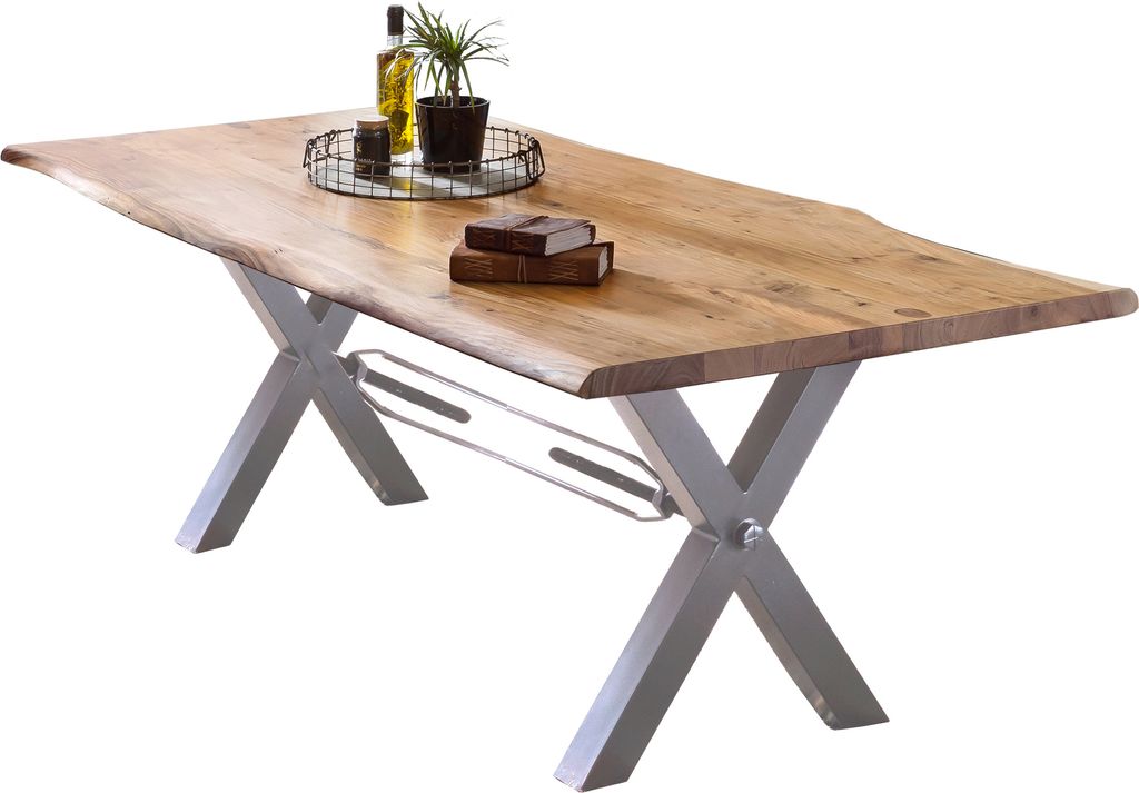 TPFLiving Tisch 200x100 cm, Akazie natur Platte Akazie, Gestell Metall natur, antiksilber