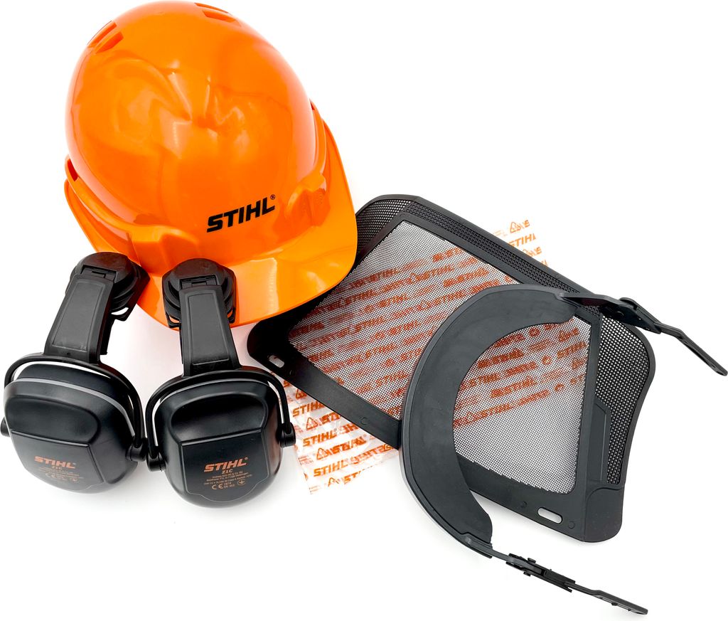 A set of safety equipment for chainsaw operation, including a helmet, earmuffs, and a face shield, laid out on a white background.