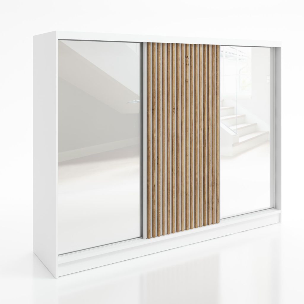 Schwebetürenschrank DIVER , 3-türig Schrank 200 cm Kleiderschrank mit 4 Schubladen, und 3D-Lamellen. Farbe: Weiß