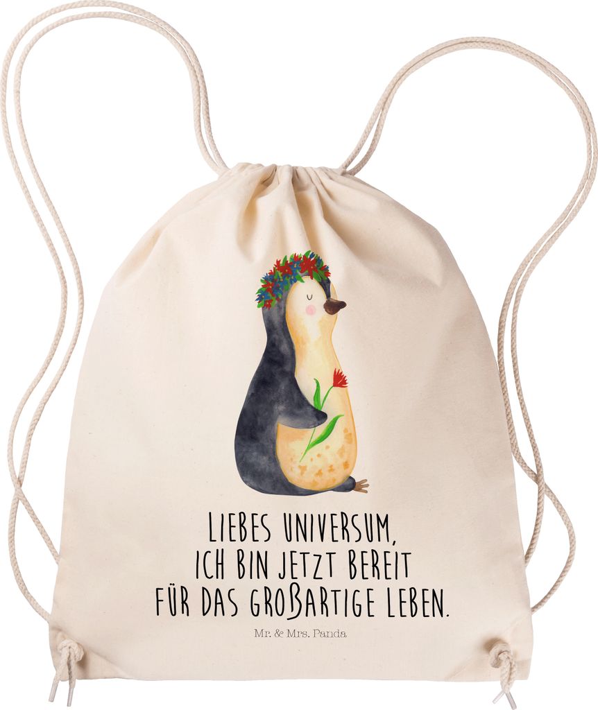 Mr. & Mrs. Panda Turnbeutel Pinguin Blumen - Transparent - Geschenk, Wünsche, Sportbeutel, Kleiner Rucksack, Universum, Jutebeutel, wander, Stoffb...